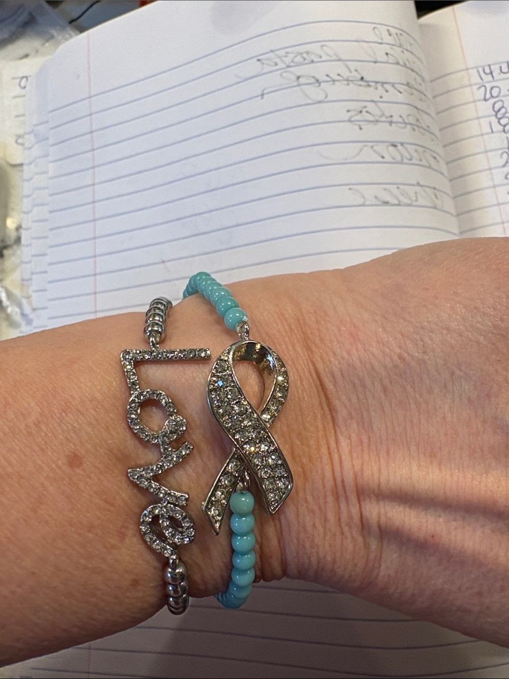 Turquoise Beaded Ribbon Charm Stretch Bracelet with Crystal Accent